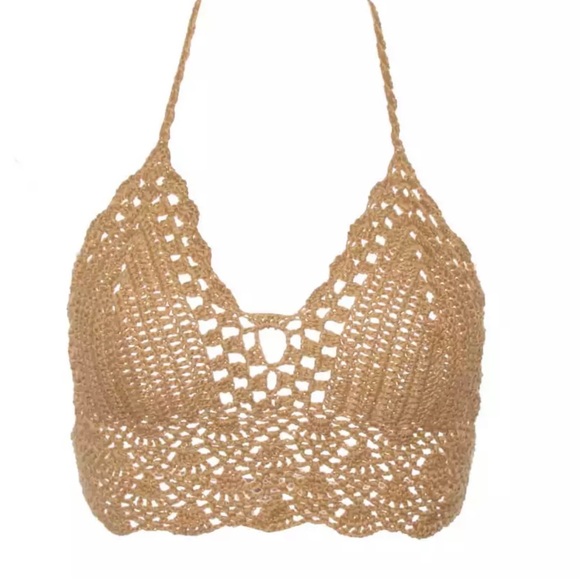 Handmade Crochet crop top Backless Tan S/M - Picture 3 of 4